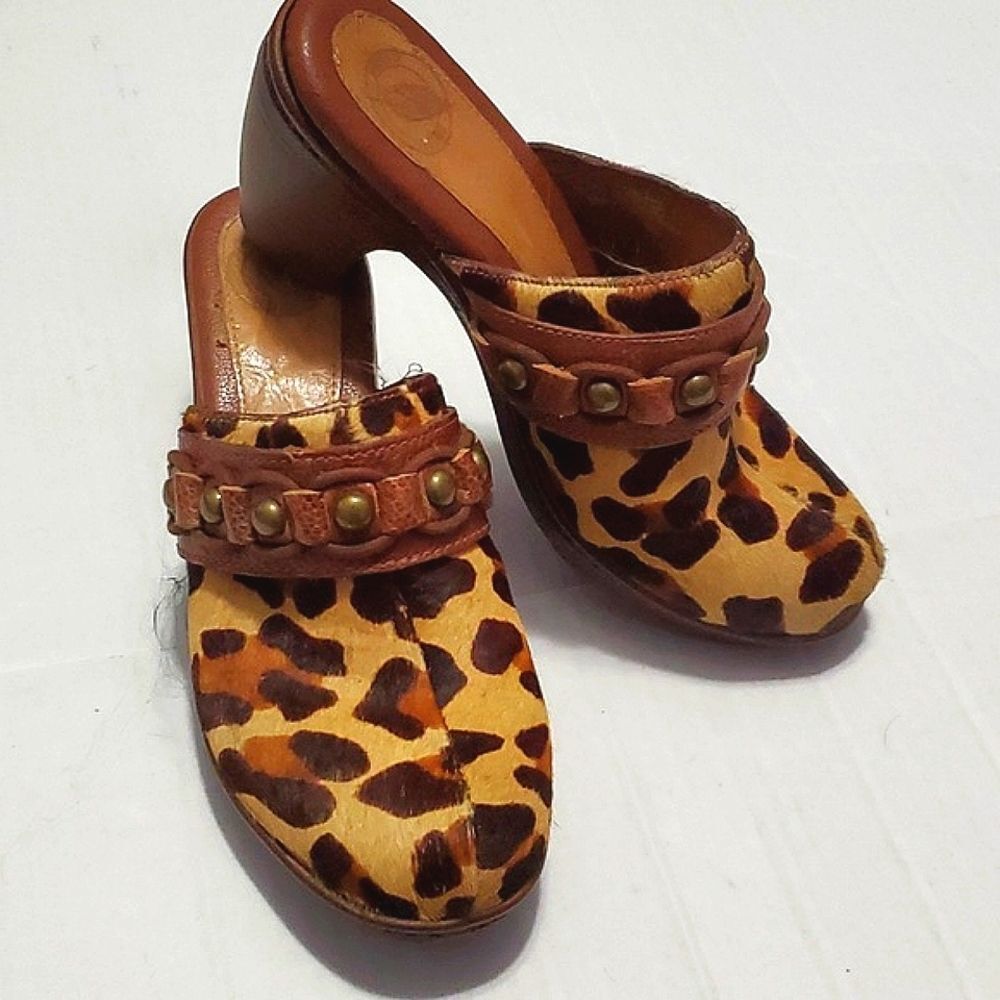 Nurture Dory Leopard Calf Hair Leather Trim Studded Baddie Heeled Mule Clogs 6M